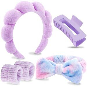 Spa Headband Makeup Facial Skincare Set Puffy Sponge Bow Wristbands Hair Clips